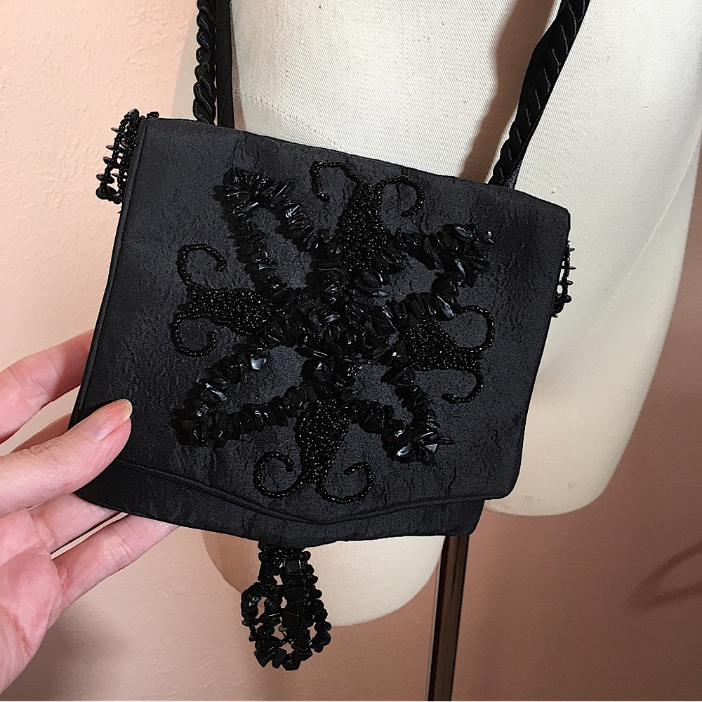 Vintage 90 Y2K Retro Black Satin Beaded Art deco Handmade Evening Belt Mini Bag